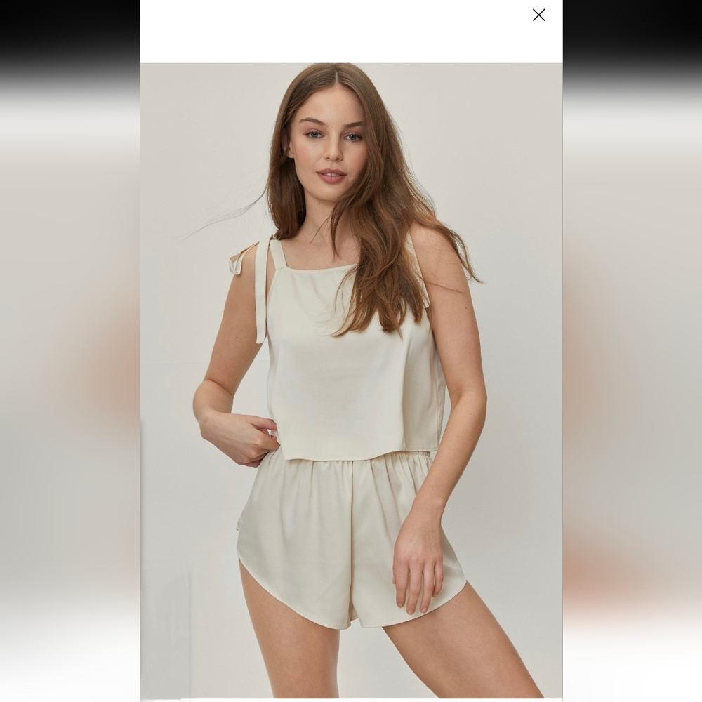Nasty gal satin tie shoulder pajama top and shorts set champagne - uk 12 us 8